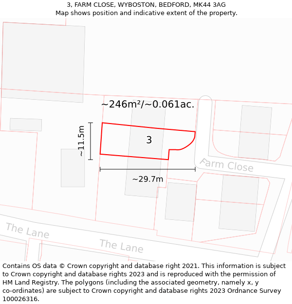 3, FARM CLOSE, WYBOSTON, BEDFORD, MK44 3AG: Plot and title map