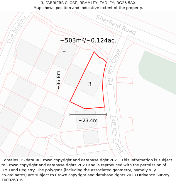 3, FARRIERS CLOSE, BRAMLEY, TADLEY, RG26 5AX: Plot and title map