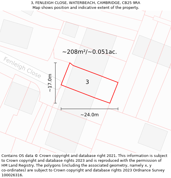 3, FENLEIGH CLOSE, WATERBEACH, CAMBRIDGE, CB25 9RA: Plot and title map