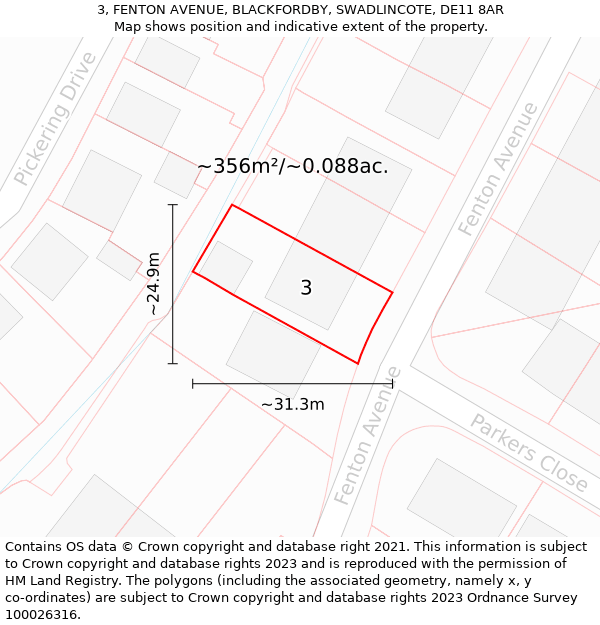 3, FENTON AVENUE, BLACKFORDBY, SWADLINCOTE, DE11 8AR: Plot and title map