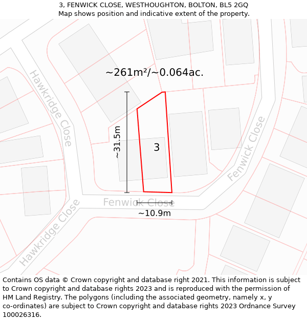 3, FENWICK CLOSE, WESTHOUGHTON, BOLTON, BL5 2GQ: Plot and title map