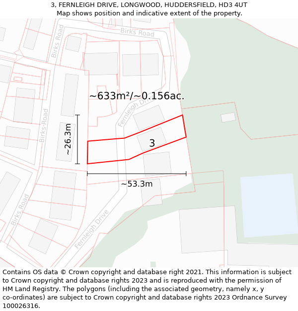 3, FERNLEIGH DRIVE, LONGWOOD, HUDDERSFIELD, HD3 4UT: Plot and title map