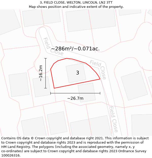 3, FIELD CLOSE, WELTON, LINCOLN, LN2 3TT: Plot and title map