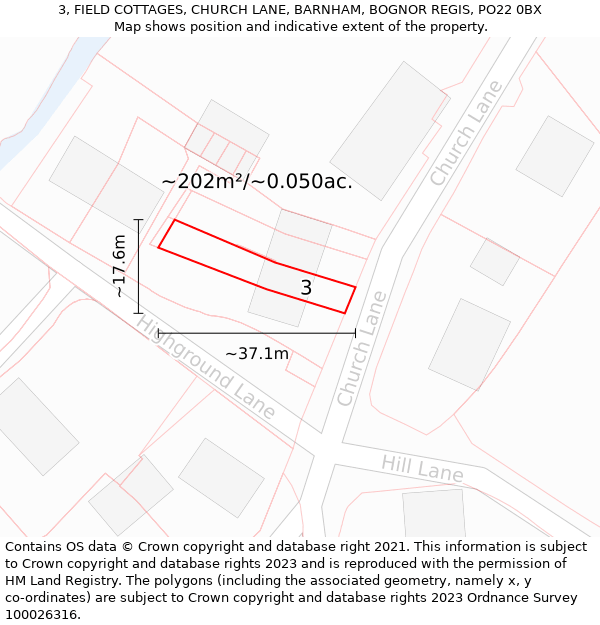 3, FIELD COTTAGES, CHURCH LANE, BARNHAM, BOGNOR REGIS, PO22 0BX: Plot and title map