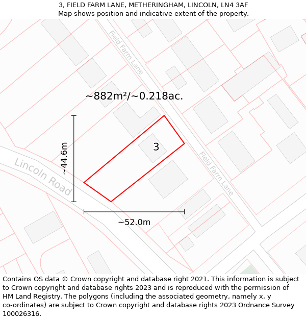 3, FIELD FARM LANE, METHERINGHAM, LINCOLN, LN4 3AF: Plot and title map