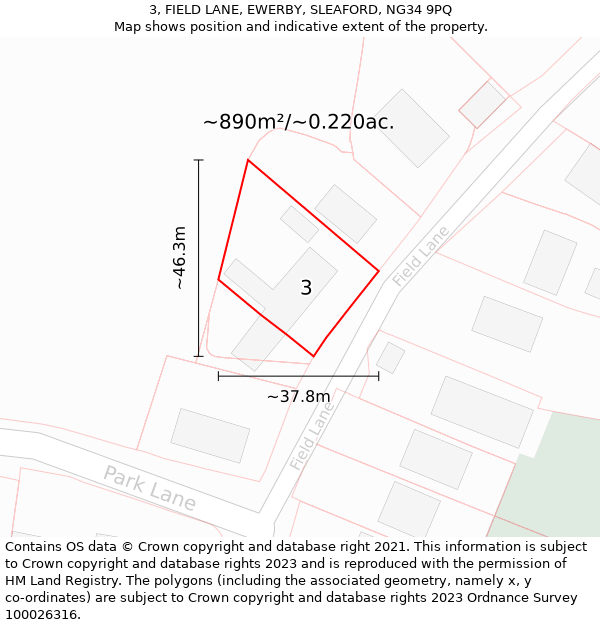 3, FIELD LANE, EWERBY, SLEAFORD, NG34 9PQ: Plot and title map