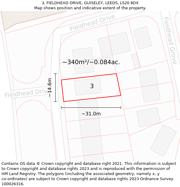 3, FIELDHEAD DRIVE, GUISELEY, LEEDS, LS20 8DX: Plot and title map