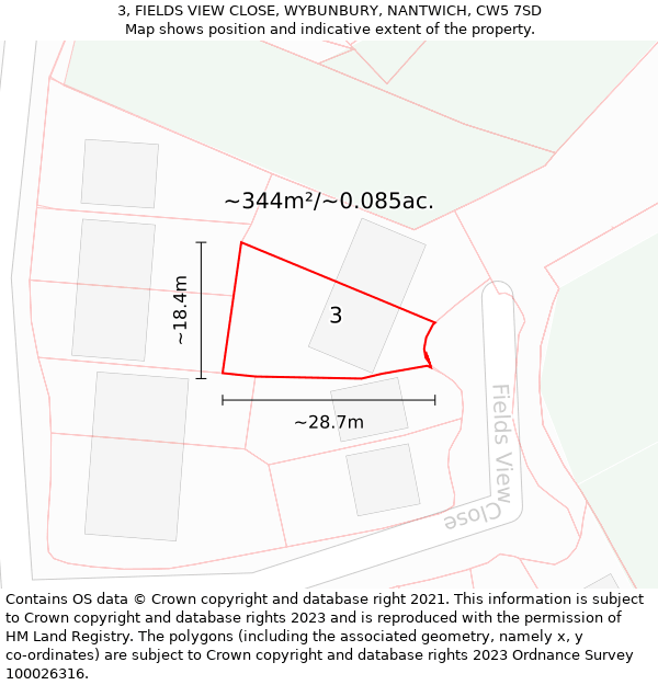 3, FIELDS VIEW CLOSE, WYBUNBURY, NANTWICH, CW5 7SD: Plot and title map