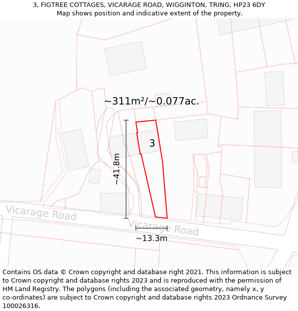 3, FIGTREE COTTAGES, VICARAGE ROAD, WIGGINTON, TRING, HP23 6DY: Plot and title map