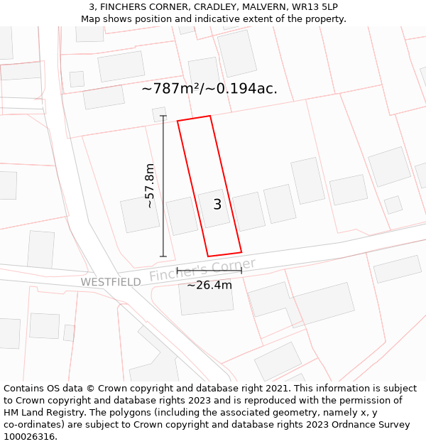 3, FINCHERS CORNER, CRADLEY, MALVERN, WR13 5LP: Plot and title map