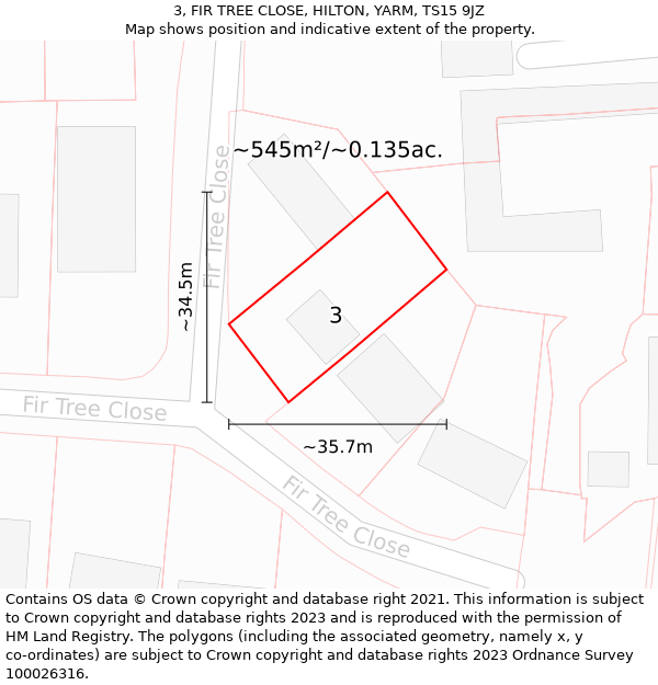 3, FIR TREE CLOSE, HILTON, YARM, TS15 9JZ: Plot and title map