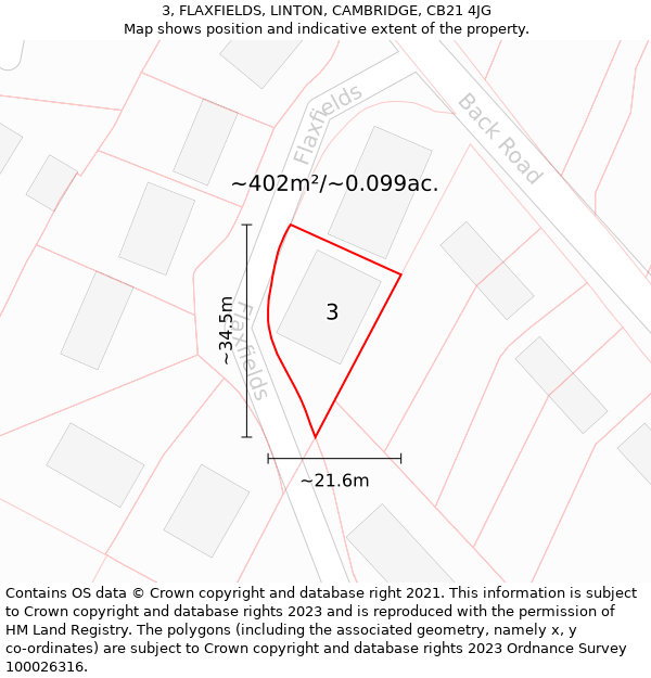 3, FLAXFIELDS, LINTON, CAMBRIDGE, CB21 4JG: Plot and title map