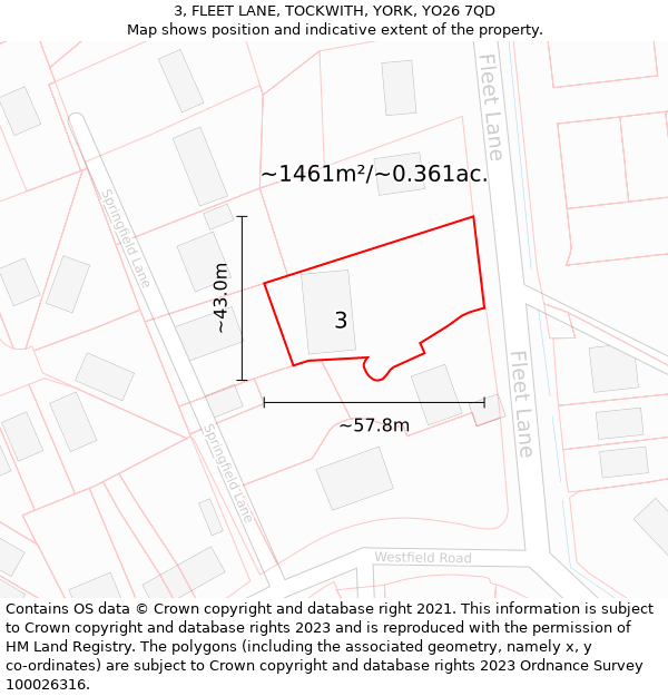 3, FLEET LANE, TOCKWITH, YORK, YO26 7QD: Plot and title map