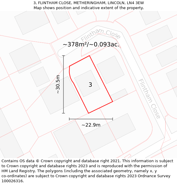 3, FLINTHAM CLOSE, METHERINGHAM, LINCOLN, LN4 3EW: Plot and title map