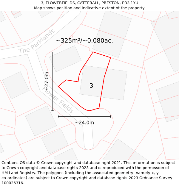 3, FLOWERFIELDS, CATTERALL, PRESTON, PR3 1YU: Plot and title map