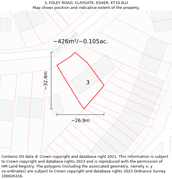 3, FOLEY ROAD, CLAYGATE, ESHER, KT10 0LU: Plot and title map