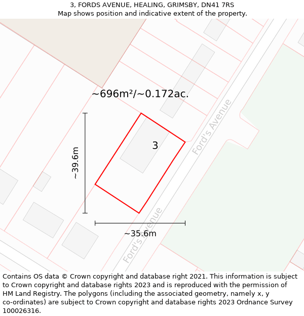 3, FORDS AVENUE, HEALING, GRIMSBY, DN41 7RS: Plot and title map