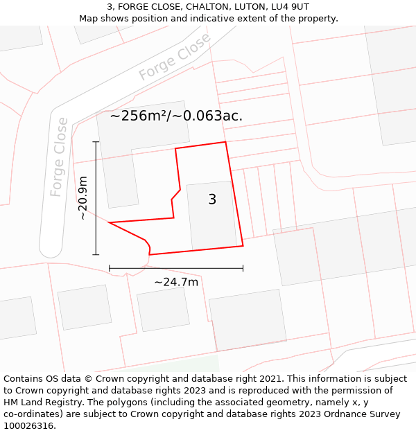 3, FORGE CLOSE, CHALTON, LUTON, LU4 9UT: Plot and title map