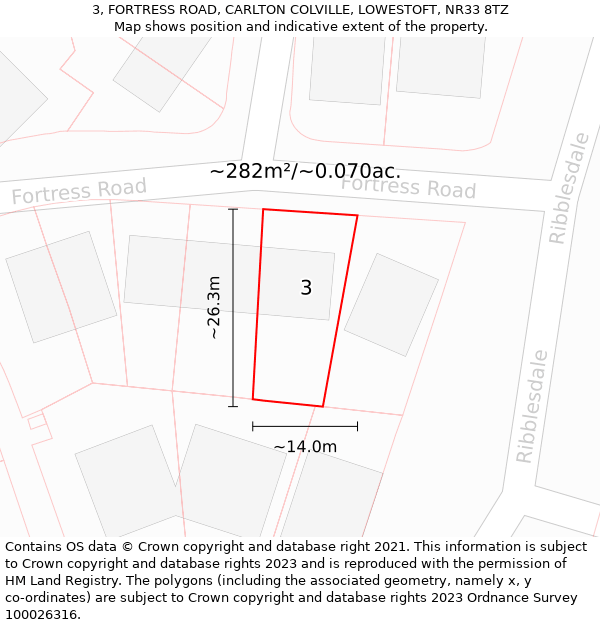 3, FORTRESS ROAD, CARLTON COLVILLE, LOWESTOFT, NR33 8TZ: Plot and title map