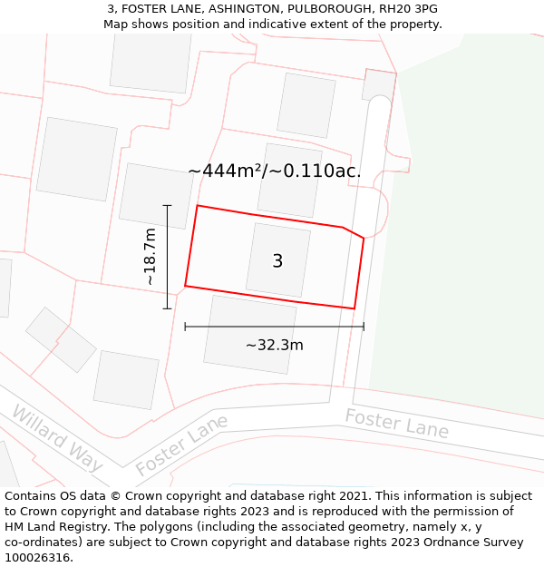 3, FOSTER LANE, ASHINGTON, PULBOROUGH, RH20 3PG: Plot and title map