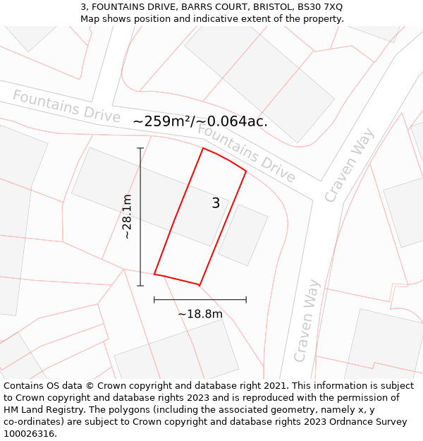 3, FOUNTAINS DRIVE, BARRS COURT, BRISTOL, BS30 7XQ: Plot and title map