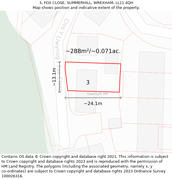 3, FOX CLOSE, SUMMERHILL, WREXHAM, LL11 4QH: Plot and title map