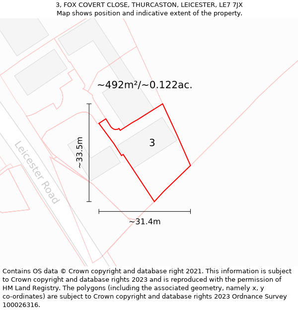 3, FOX COVERT CLOSE, THURCASTON, LEICESTER, LE7 7JX: Plot and title map