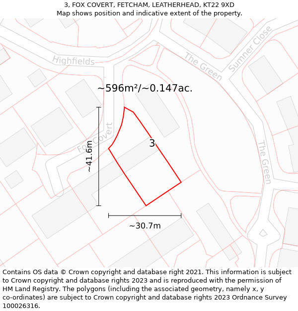 3, FOX COVERT, FETCHAM, LEATHERHEAD, KT22 9XD: Plot and title map