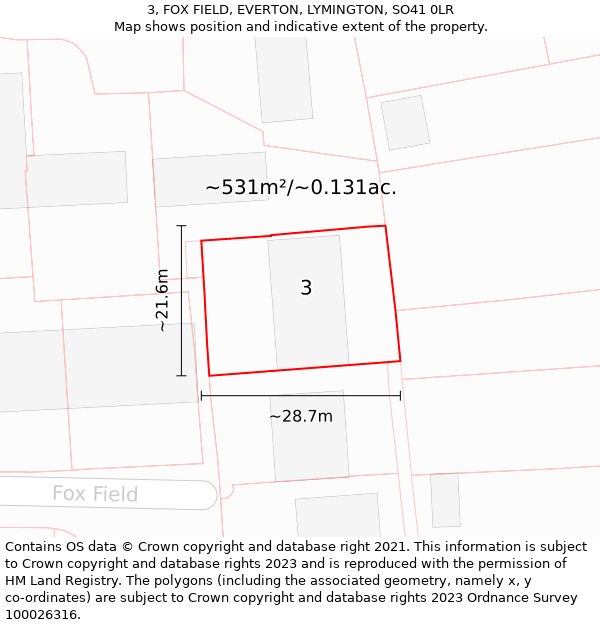 3, FOX FIELD, EVERTON, LYMINGTON, SO41 0LR: Plot and title map