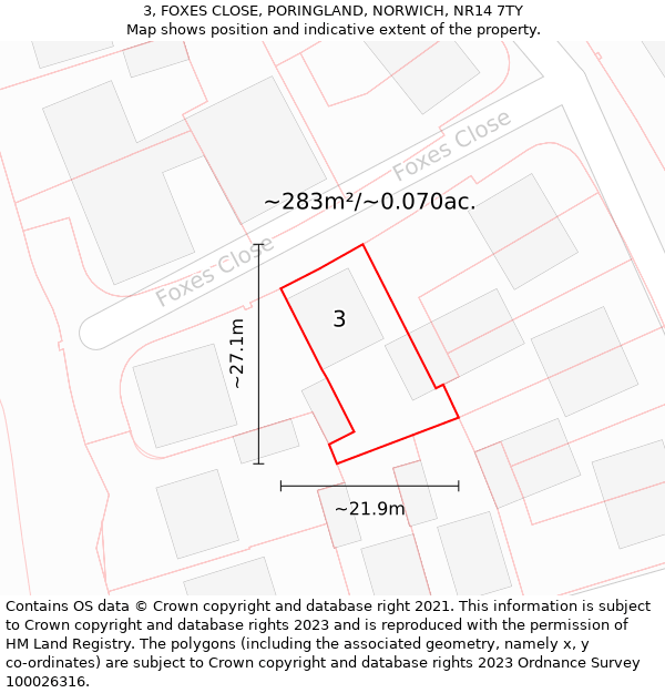 3, FOXES CLOSE, PORINGLAND, NORWICH, NR14 7TY: Plot and title map