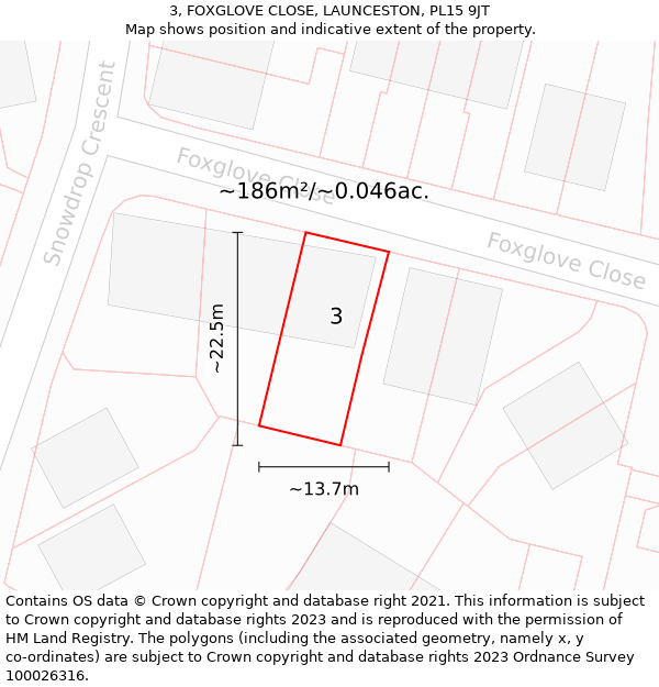 3, FOXGLOVE CLOSE, LAUNCESTON, PL15 9JT: Plot and title map