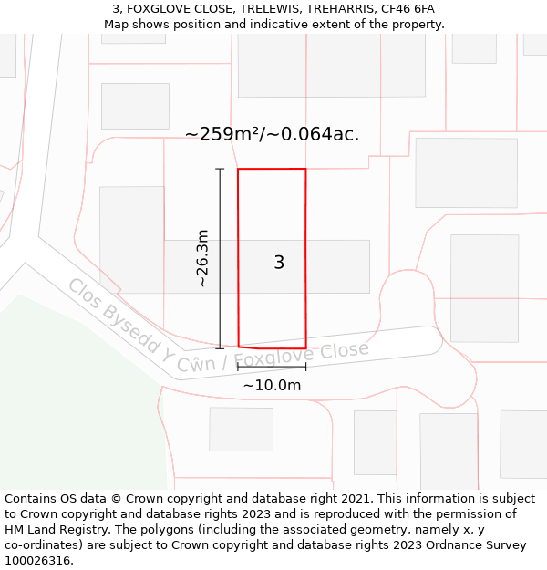 3, FOXGLOVE CLOSE, TRELEWIS, TREHARRIS, CF46 6FA: Plot and title map