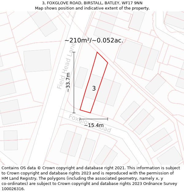 3, FOXGLOVE ROAD, BIRSTALL, BATLEY, WF17 9NN: Plot and title map