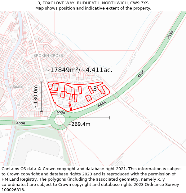 3, FOXGLOVE WAY, RUDHEATH, NORTHWICH, CW9 7XS: Plot and title map