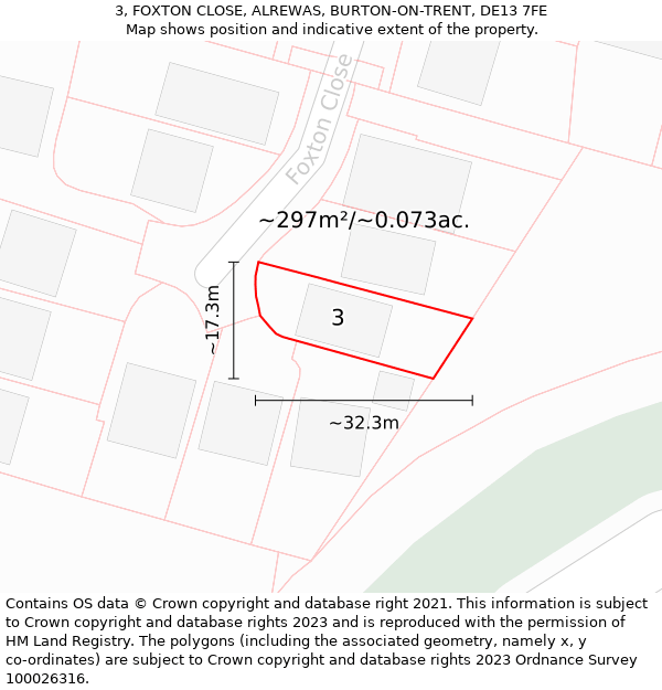 3, FOXTON CLOSE, ALREWAS, BURTON-ON-TRENT, DE13 7FE: Plot and title map