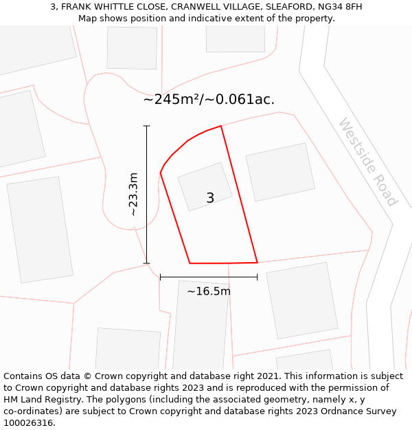 3, FRANK WHITTLE CLOSE, CRANWELL VILLAGE, SLEAFORD, NG34 8FH: Plot and title map