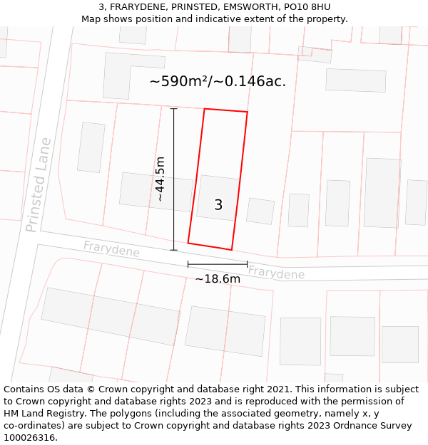 3, FRARYDENE, PRINSTED, EMSWORTH, PO10 8HU: Plot and title map