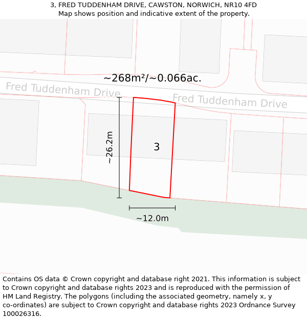 3, FRED TUDDENHAM DRIVE, CAWSTON, NORWICH, NR10 4FD: Plot and title map