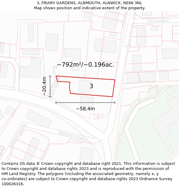 3, FRIARY GARDENS, ALNMOUTH, ALNWICK, NE66 3NL: Plot and title map