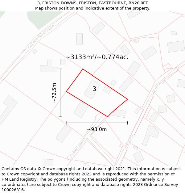 3, FRISTON DOWNS, FRISTON, EASTBOURNE, BN20 0ET: Plot and title map