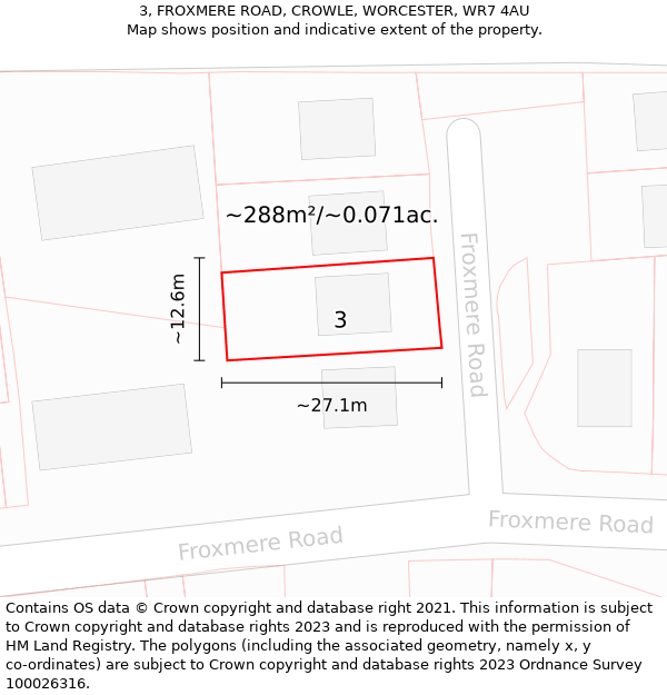 3, FROXMERE ROAD, CROWLE, WORCESTER, WR7 4AU: Plot and title map