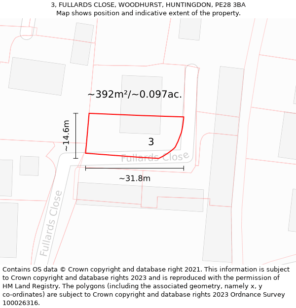 3, FULLARDS CLOSE, WOODHURST, HUNTINGDON, PE28 3BA: Plot and title map