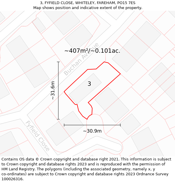 3, FYFIELD CLOSE, WHITELEY, FAREHAM, PO15 7ES: Plot and title map