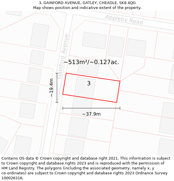 3, GAINFORD AVENUE, GATLEY, CHEADLE, SK8 4QG: Plot and title map