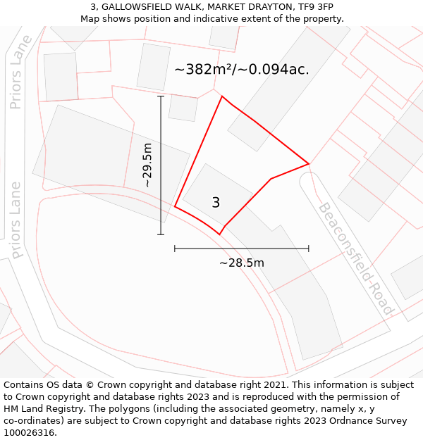 3, GALLOWSFIELD WALK, MARKET DRAYTON, TF9 3FP: Plot and title map