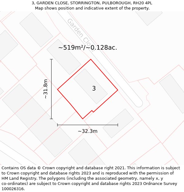 3, GARDEN CLOSE, STORRINGTON, PULBOROUGH, RH20 4PL: Plot and title map