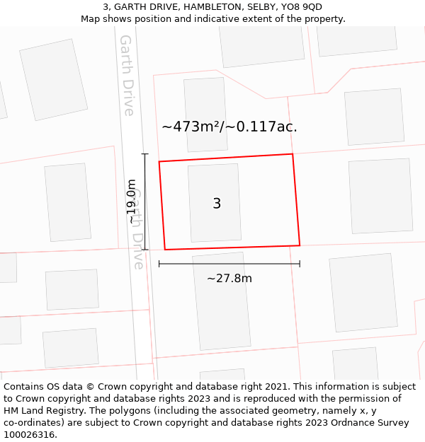 3, GARTH DRIVE, HAMBLETON, SELBY, YO8 9QD: Plot and title map