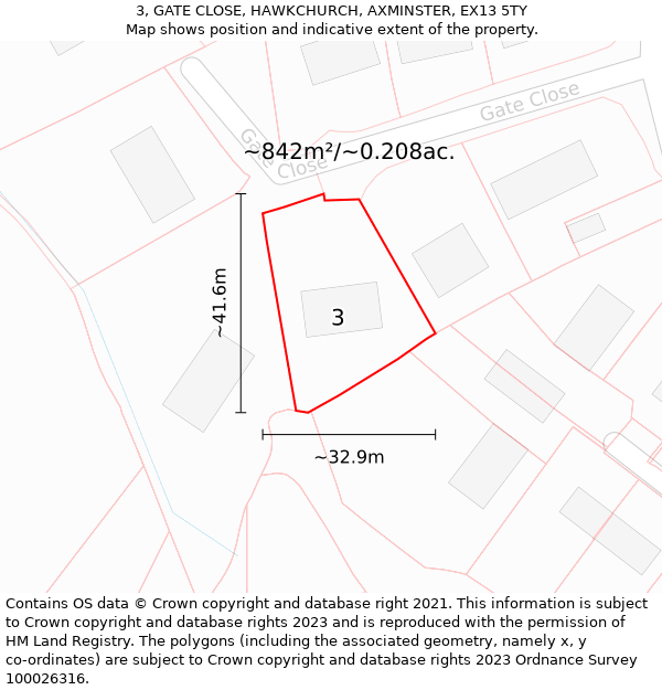 3, GATE CLOSE, HAWKCHURCH, AXMINSTER, EX13 5TY: Plot and title map