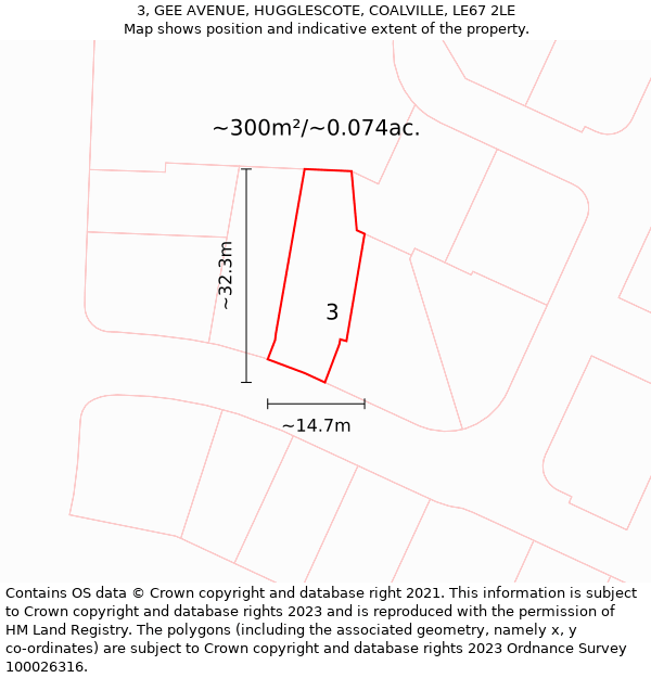 3, GEE AVENUE, HUGGLESCOTE, COALVILLE, LE67 2LE: Plot and title map