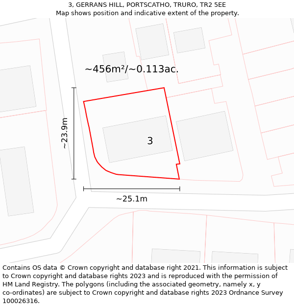 3, GERRANS HILL, PORTSCATHO, TRURO, TR2 5EE: Plot and title map